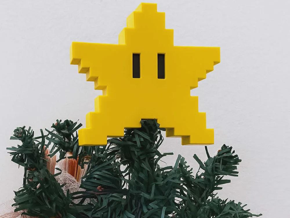 Pixel Αστέρι Κορυφής Δέντρου Εμπνευσμένο από Mario | 3D Εκτυπωμένο Retro Gaming Στολίδι | Χειροποίητη Χριστουγεννιάτικη Διακόσμηση