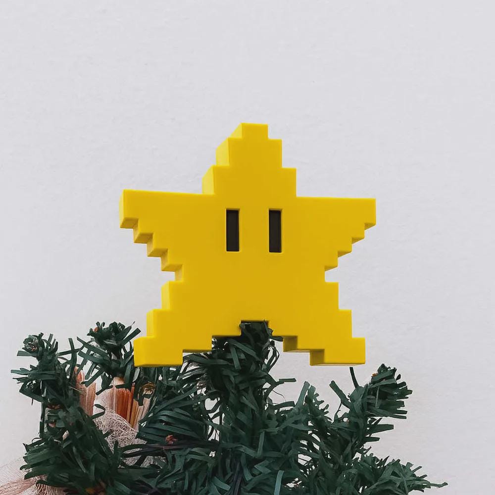 Pixel Αστέρι Κορυφής Δέντρου Εμπνευσμένο από Mario | 3D Εκτυπωμένο Retro Gaming Στολίδι | Χειροποίητη Χριστουγεννιάτικη Διακόσμηση