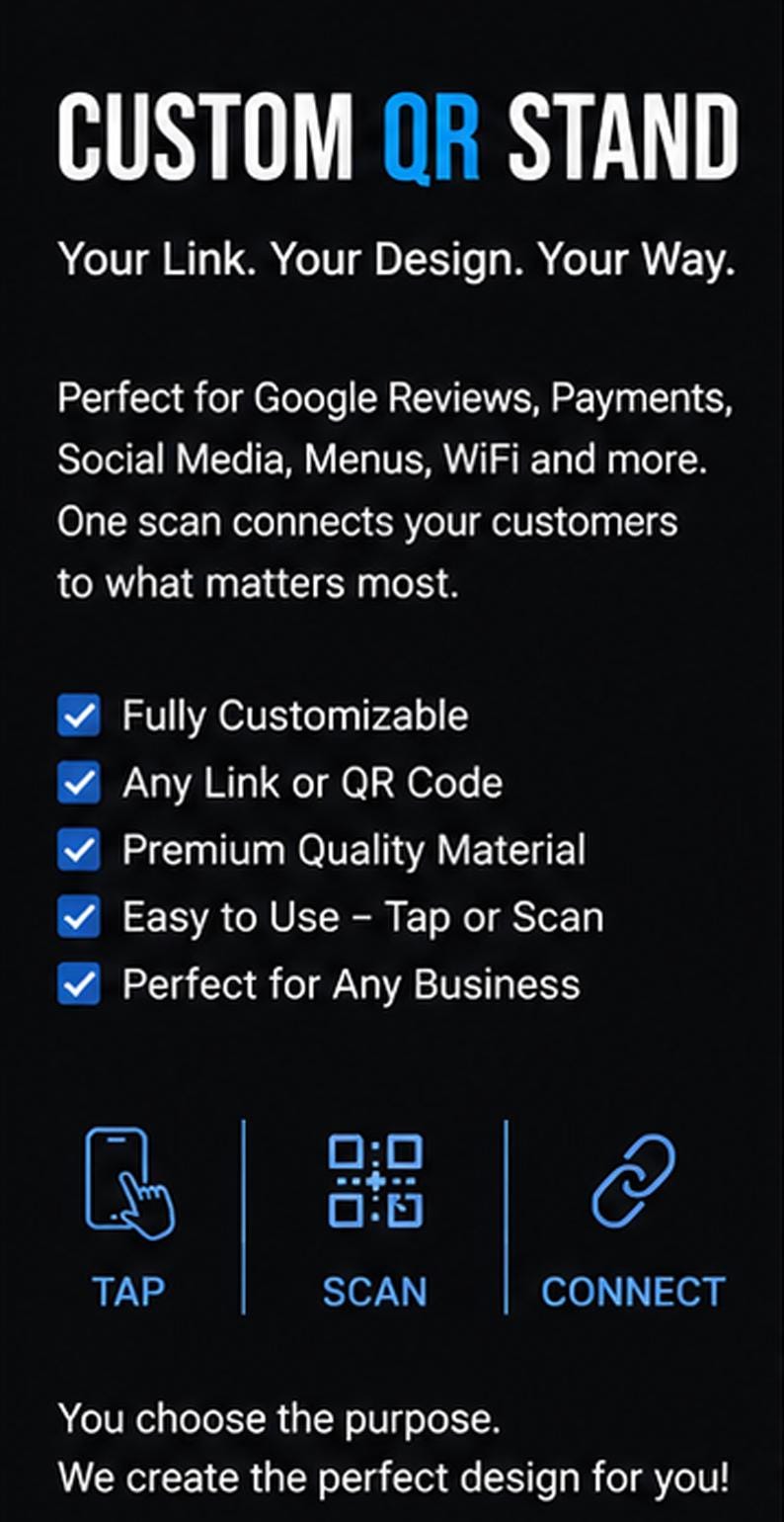 Custom Βάση QR Code για Google Reviews, Πληρωμές & Social Media | Προσωποποιημένη Επιχειρηματική Πινακίδα QR
