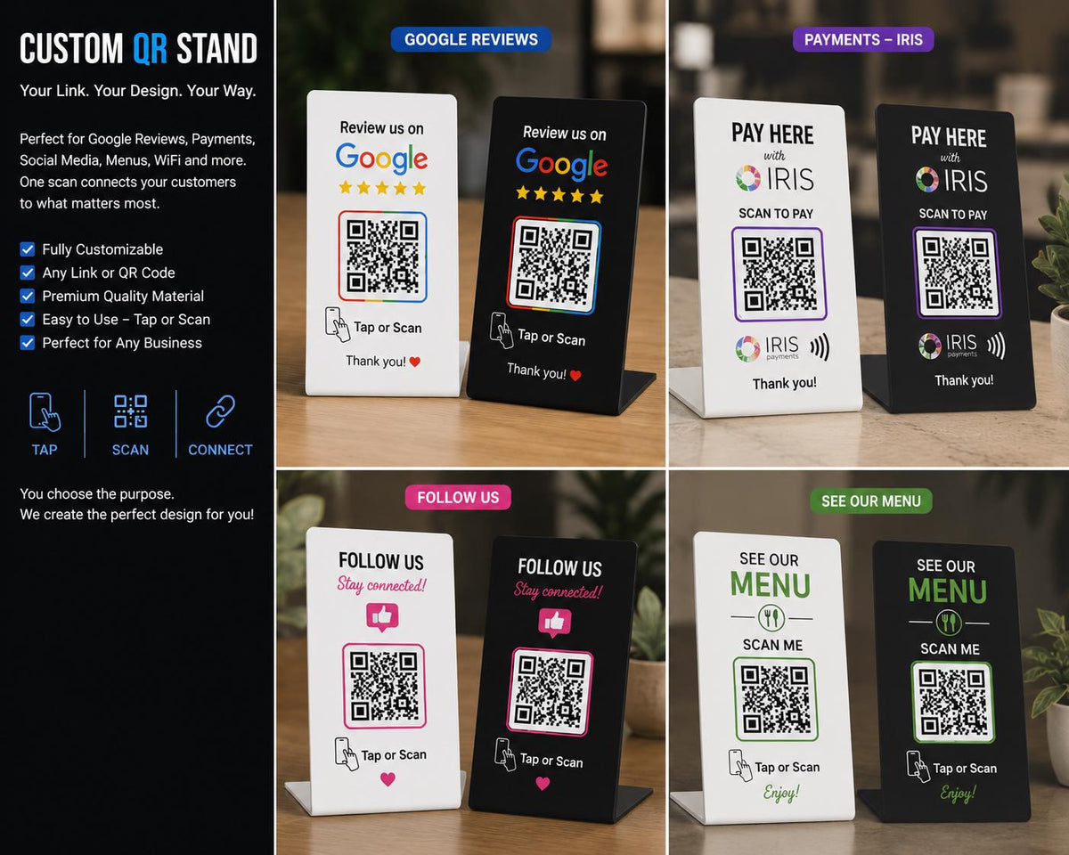 Custom Βάση QR Code για Google Reviews, Πληρωμές & Social Media | Προσωποποιημένη Επιχειρηματική Πινακίδα QR